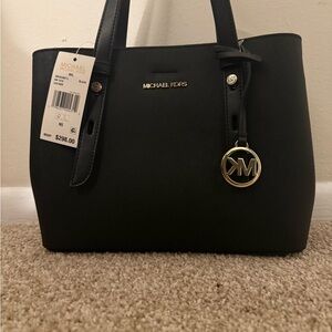Michael Kors Black Leather Tote with Gold Accents